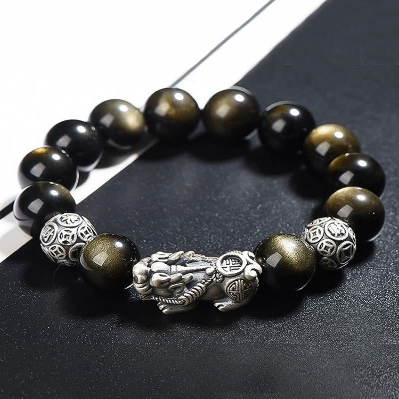 10mm Gold Sheen Obsidian Pixiu Bracelet for Wealth Protection