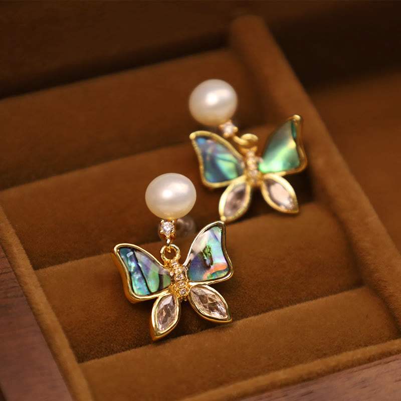 Natural Abalone Shell Pearl Stud Earrings with Butterfly Design