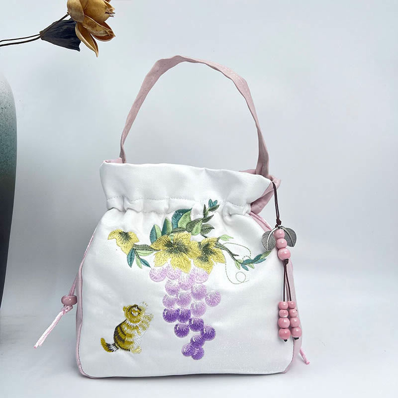 Cotton Linen Embroidered Osmanthus Peony Tote Bag 20cm