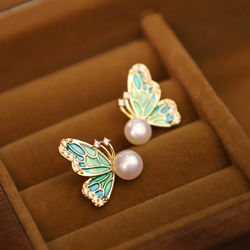 Natural Pearl Butterfly Healing Stud Earrings with Sterling Silver Posts