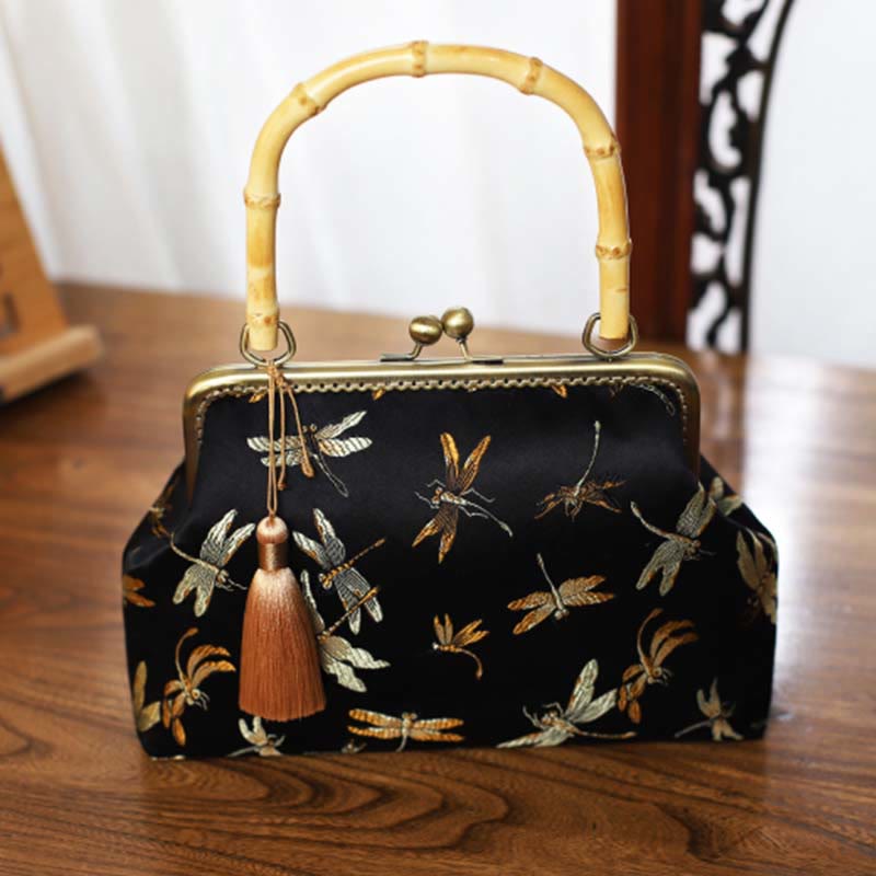 22.5cm Bamboo Handle Handbag | Dragonfly Crane Plum Blossom Leaf