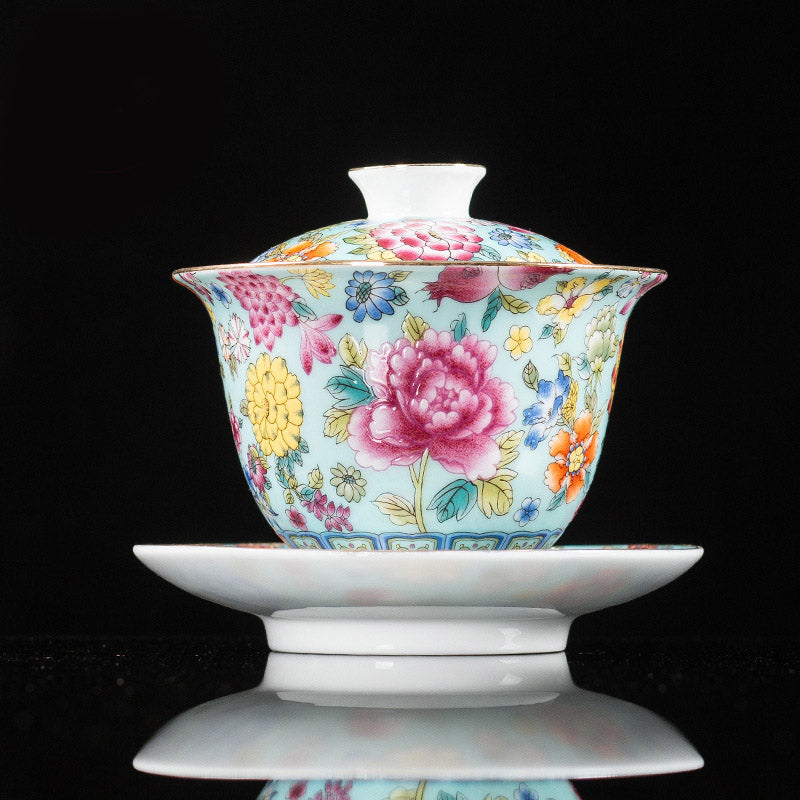 Peony Ceramic Gaiwan Sancai Teacup 9.5cm Meditation