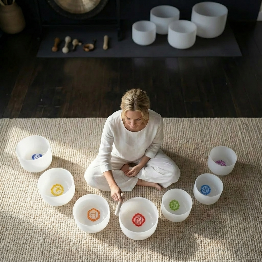 Crystal Singing Bowl Set with Chakra Symbols