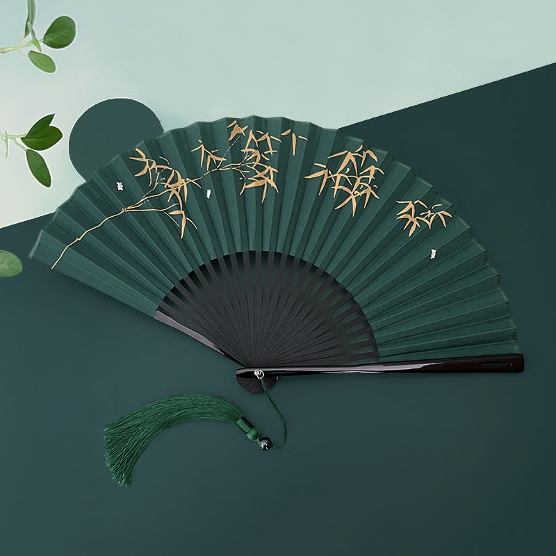 Chinese Folding Fan with Bamboo and Koi Fish Patterns