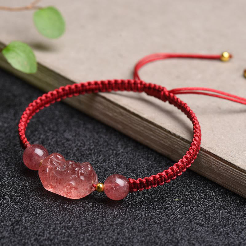 Natural Strawberry Quartz PiXiu Red String Bracelet for Luck
