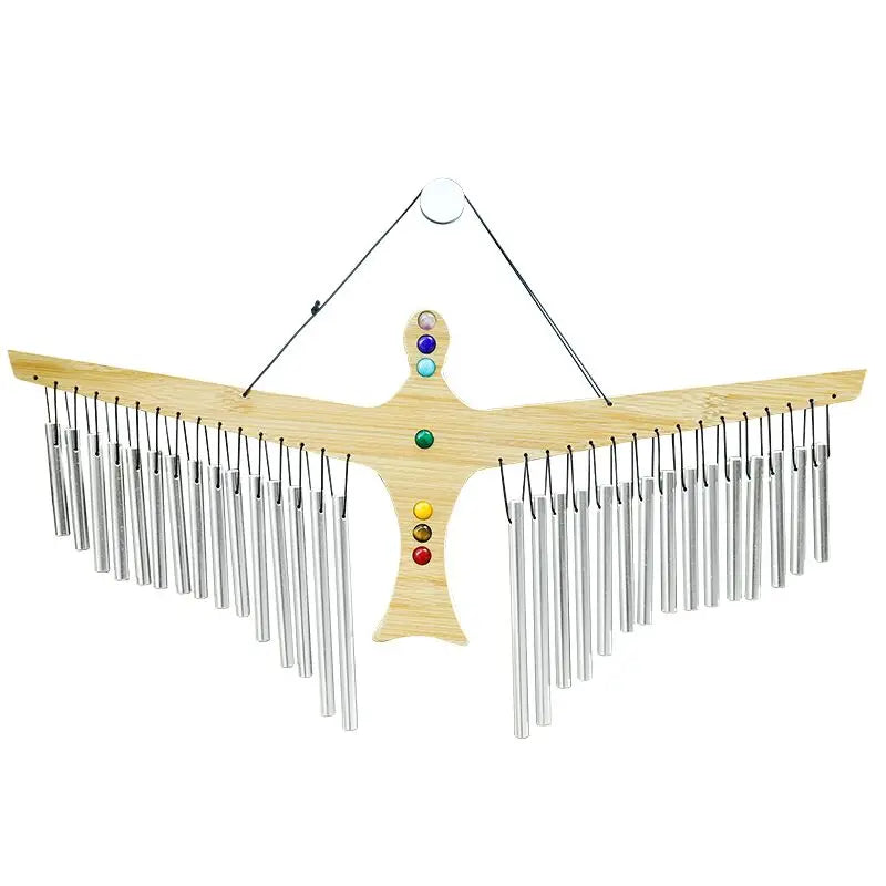 Angelic bamboo chime with chakra gemstones and metal tubes.
