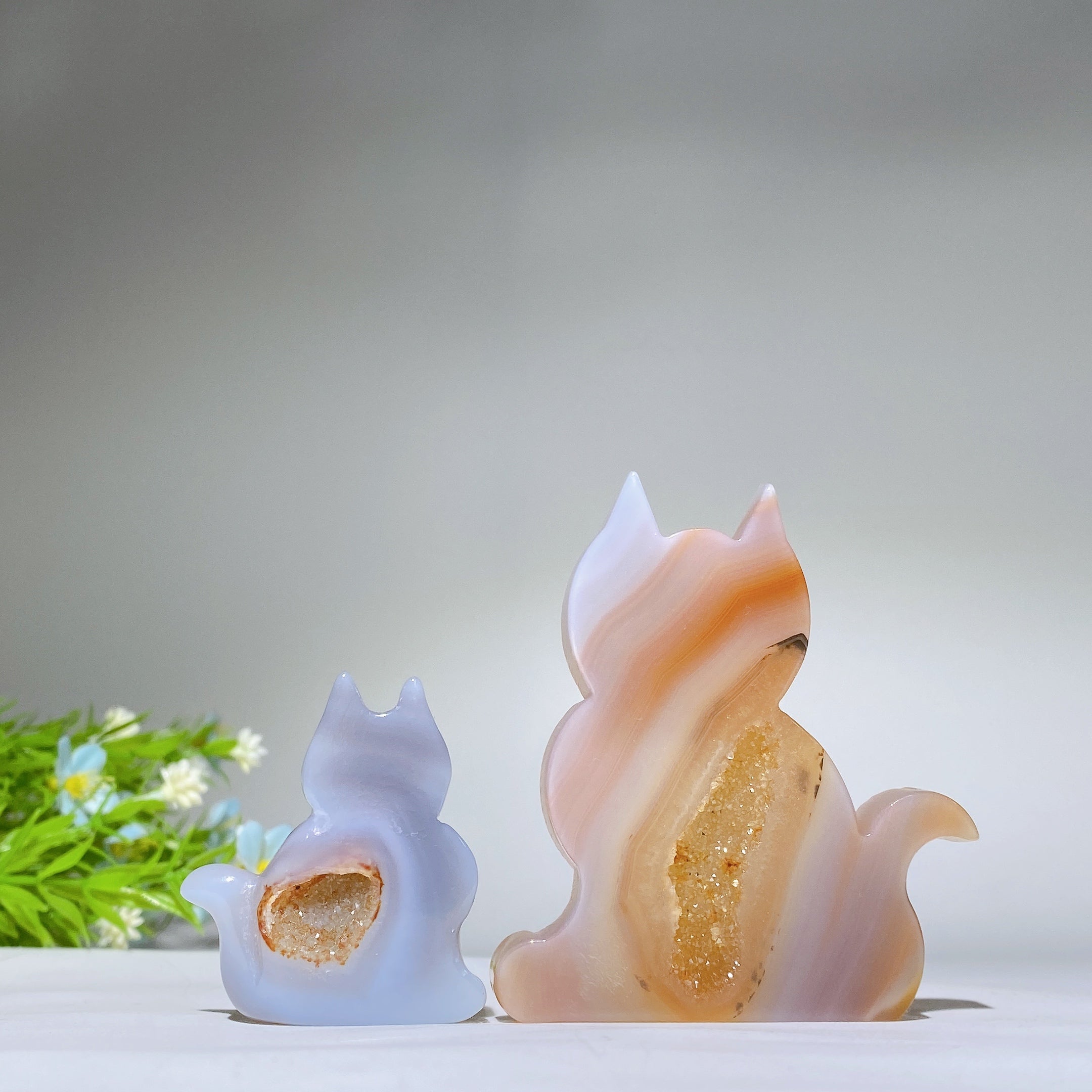 Druzy Agate Cat Carving Slab Figurine 1.9" - 3.0" Size