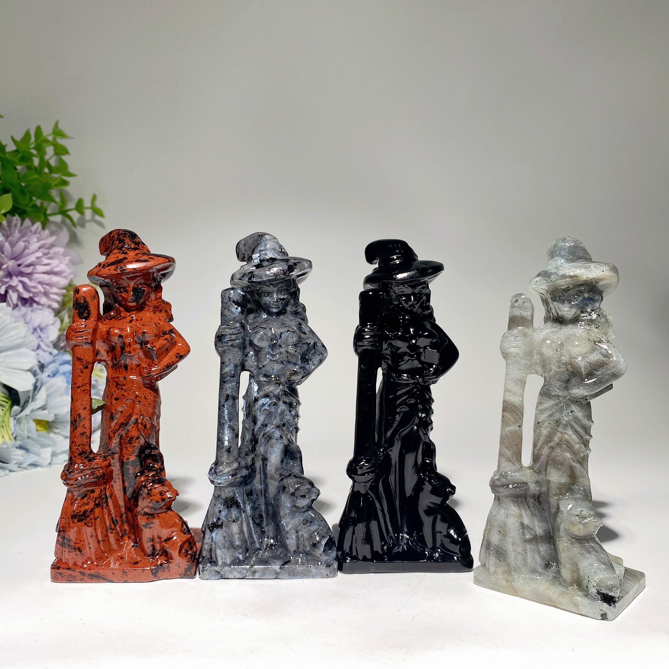 4.8 inch Mixed Crystal Witch with Cat and Broom Figurine