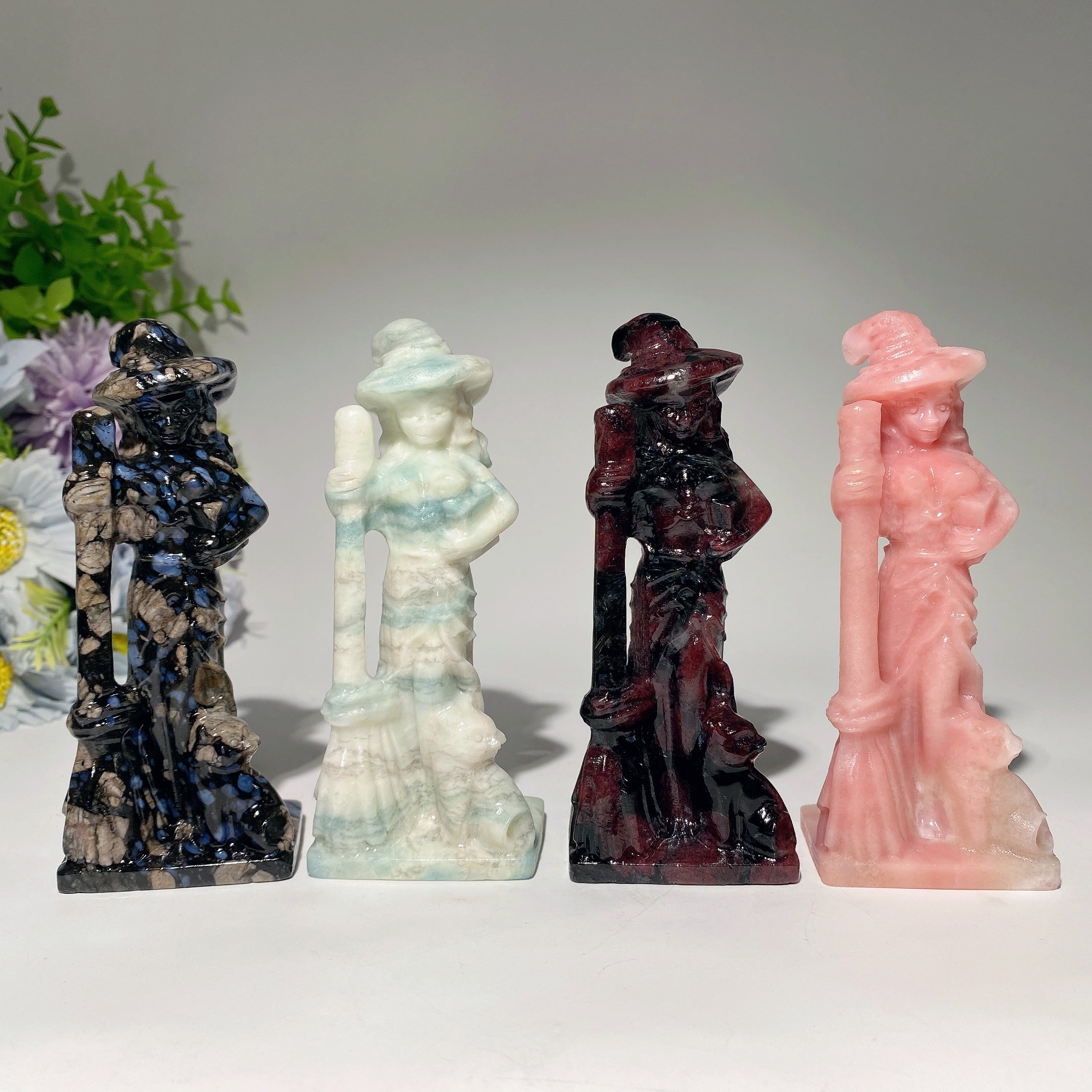 4.8 inch Mixed Crystal Witch with Cat and Broom Figurine