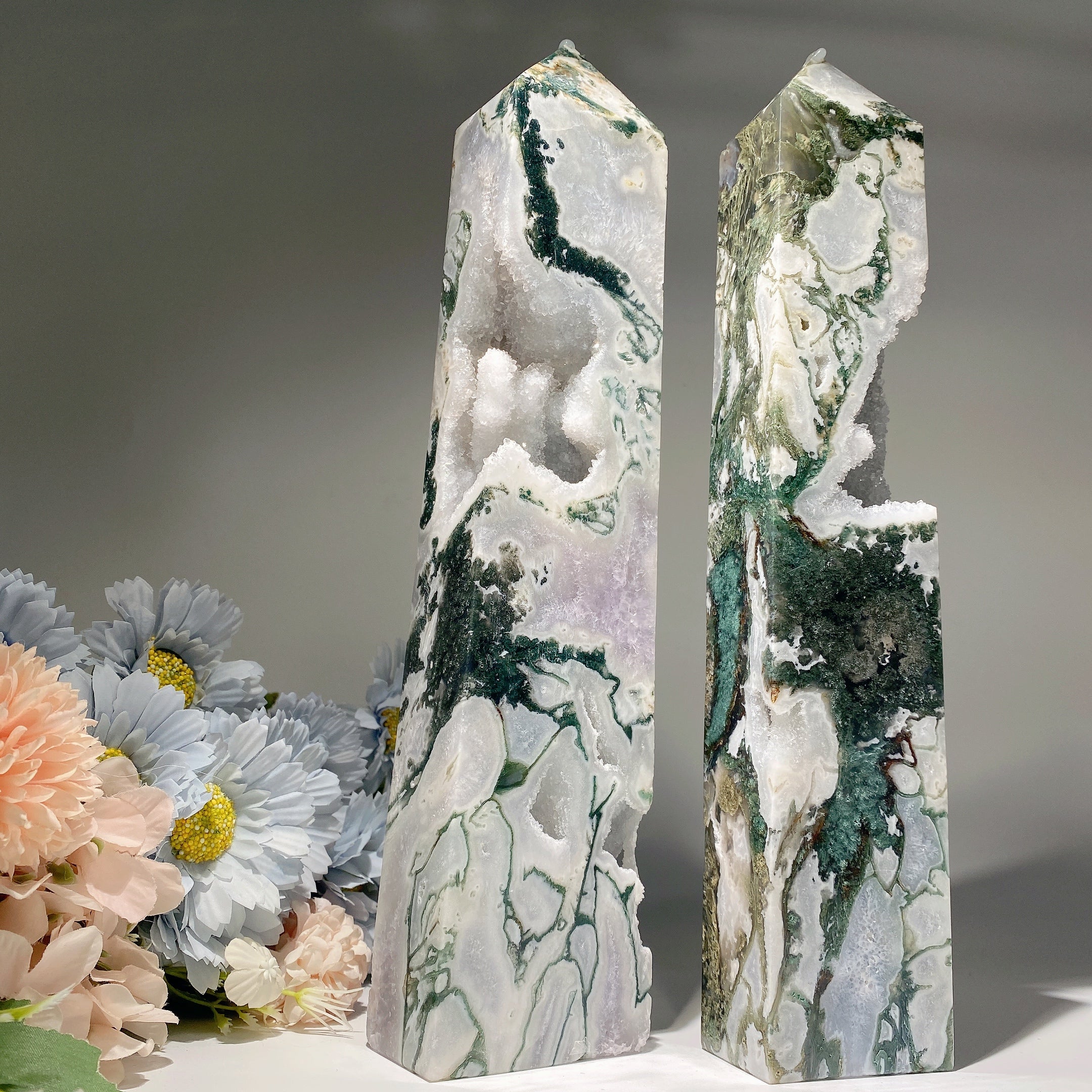 32cm Amethyst & Moss Agate Crystal Tower for Healing