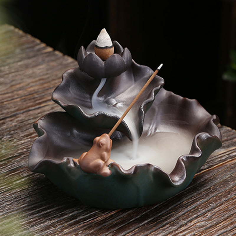 Ceramic Incense Burner Lotus Flower Frog Butterfly Decor