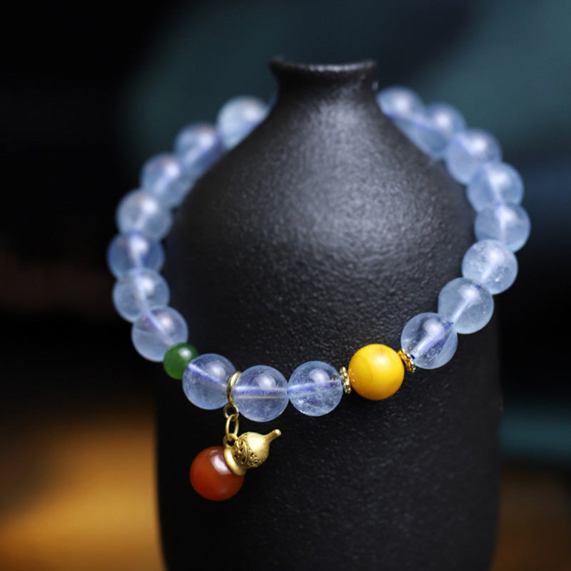 8mm Aquamarine Red Agate Peace Charm Bracelet for Serenity