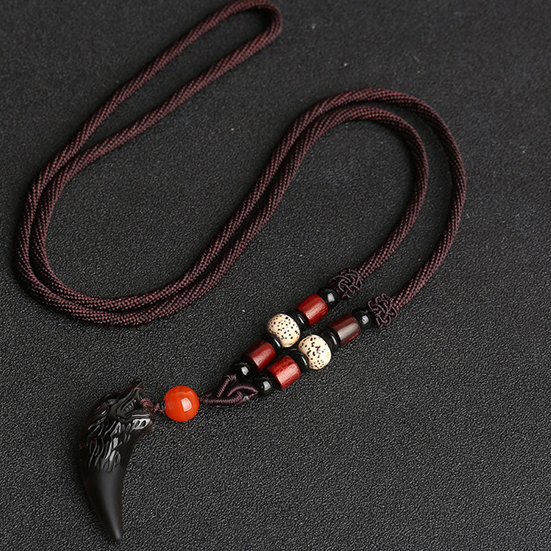 Large Ice Obsidian Wolf Tooth Pattern Courage Necklace