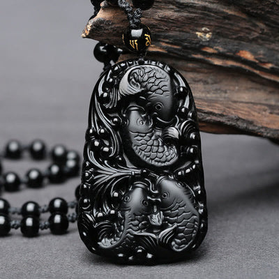 Black Obsidian Koi Fish Strength Necklace Pendant