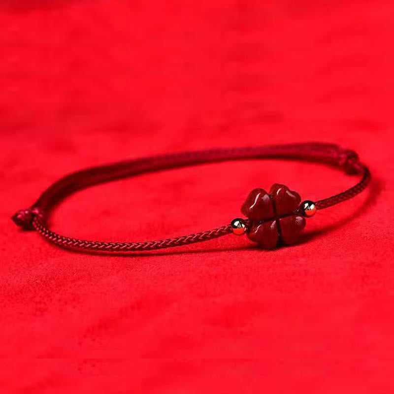 Natural Cinnabar Red String Bracelet with Four Leaf Clover Blessing
