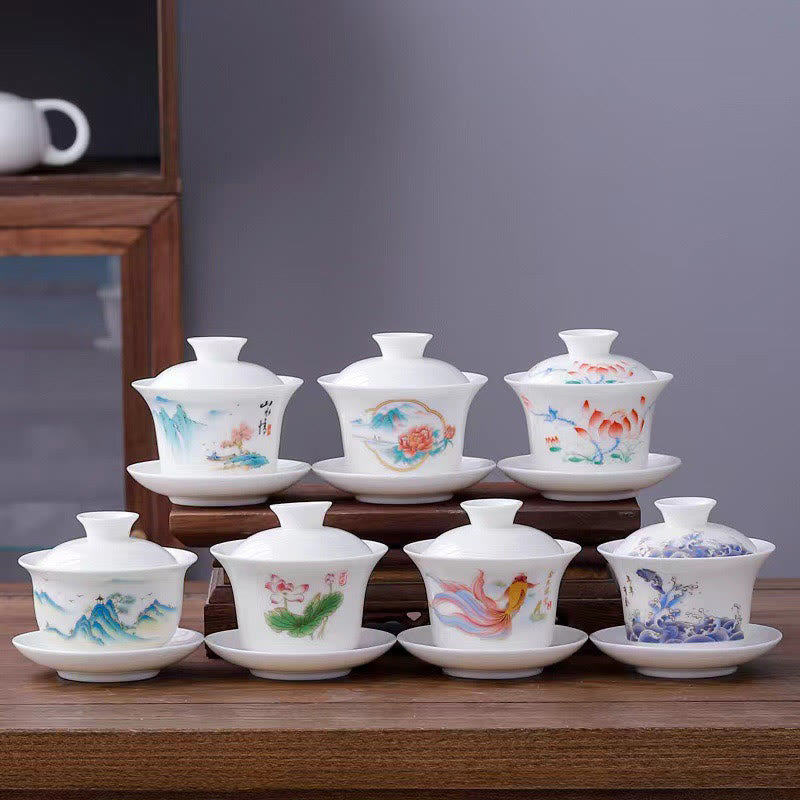 White Porcelain Gaiwan Tea Cup with Lid - Zen Decor