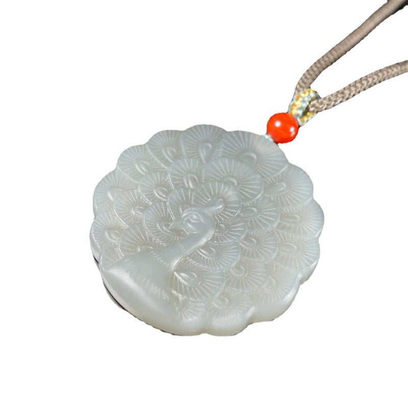 White Jade Peacock Protection Necklace Blessing Pendant