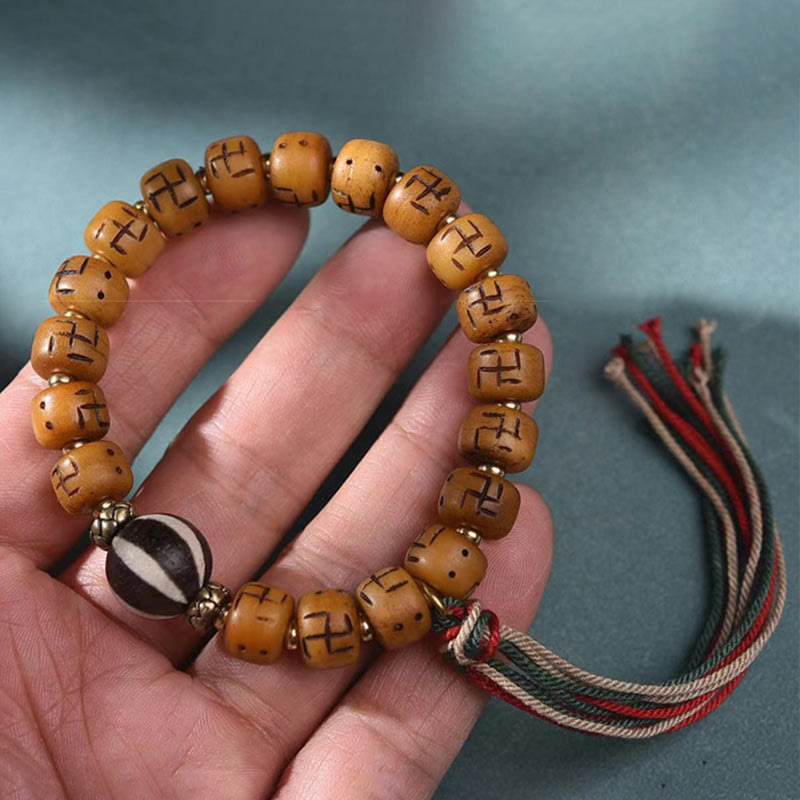 Camel Bone Swastika Dzi Buddha Bracelet for Luck & Protection