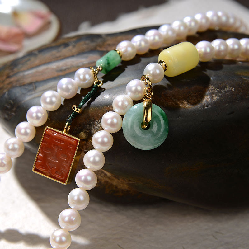 Quadruple Wrap Jade Bracelet with Pearl, Red Agate & Amber for Luck