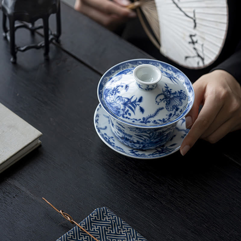 Lion Dance Ceramic Gaiwan Tea Cup 300ml with Lid & Saucer