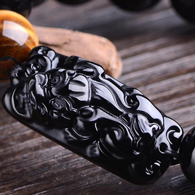 Natural Black Obsidian PiXiu Bracelet 14mm for Strength