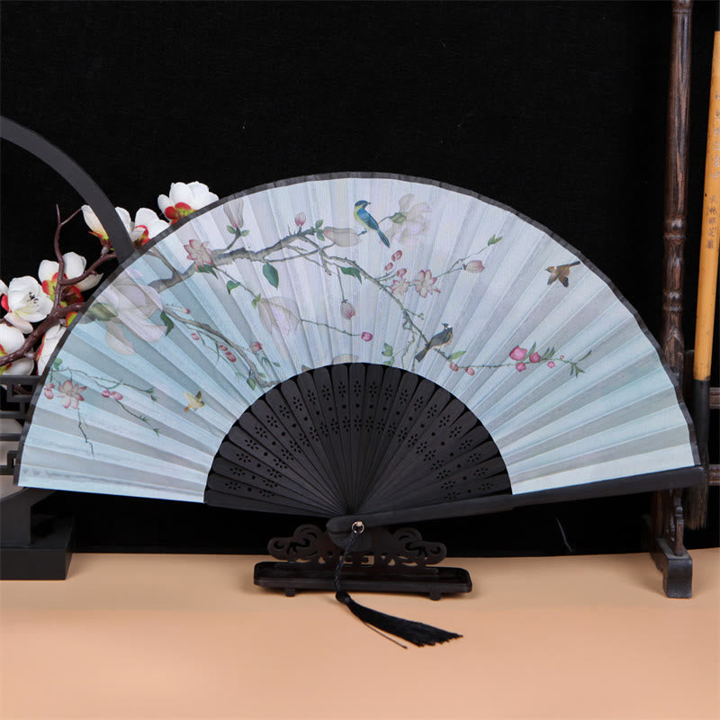 Classic Birds Singing Flowers Bamboo Folding Fan