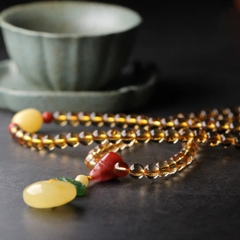 108 Bead Citrine and Amber Gemstone Mala Bracelet for Peace