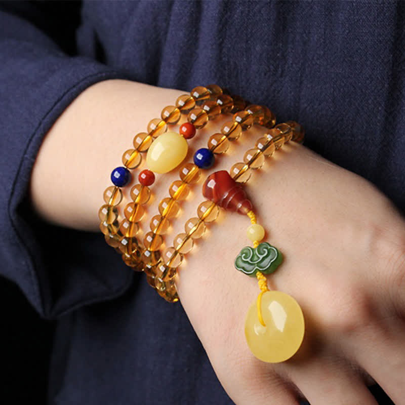 108 Bead Citrine and Amber Gemstone Mala Bracelet for Peace