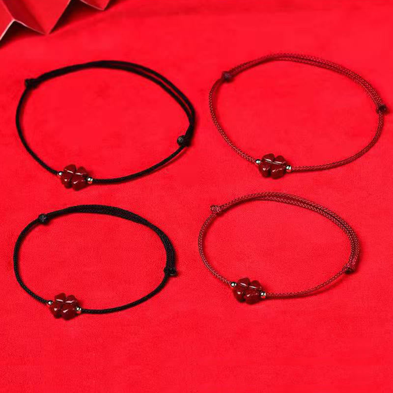 Natural Cinnabar Red String Bracelet with Four Leaf Clover Blessing