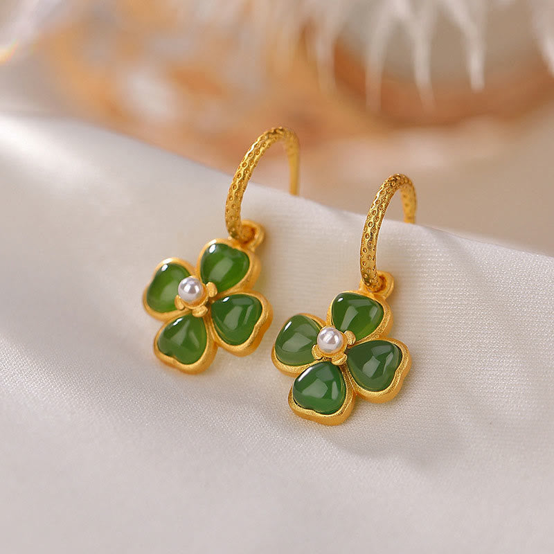 925 Sterling Silver Cyan Jade Four Leaf Clover Luck Earrings