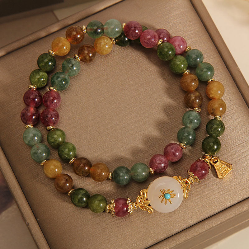 Multicolored Tourmaline Jade Flower Double Wrap Bracelet