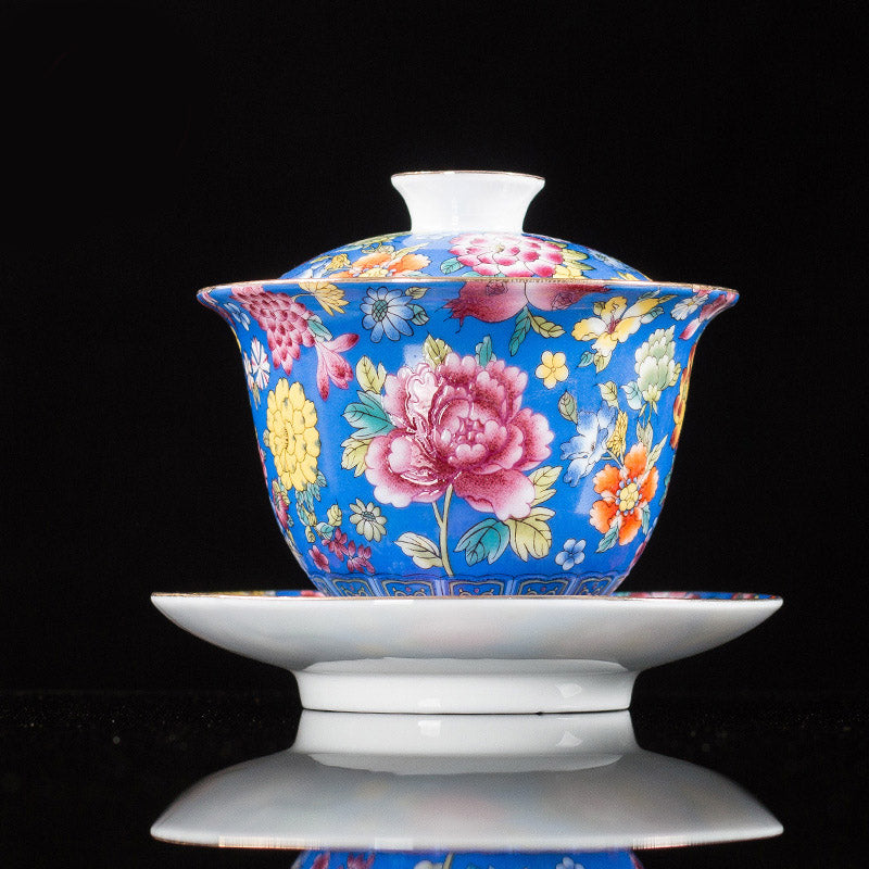 Peony Ceramic Gaiwan Sancai Teacup 9.5cm Meditation
