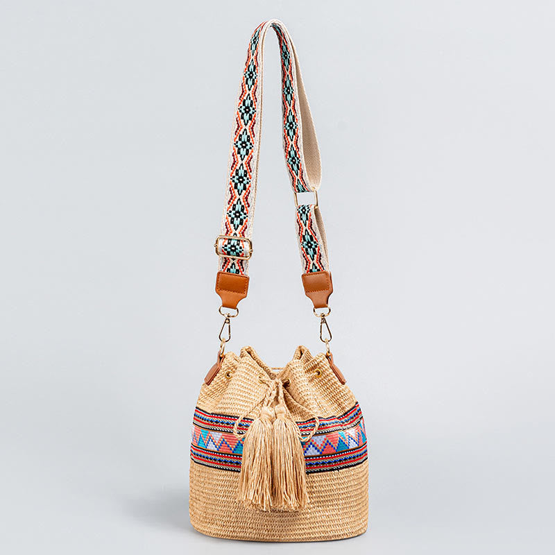 Straw Woven Geometric Bucket Bag with Tassels for Beach