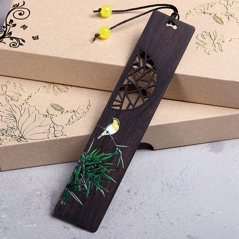 Ebony Wood Zen Bookmark with Green Lotus and Oriole Design