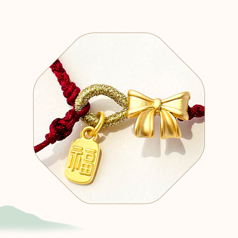 Red String Bracelet with Fu Character Charm and Peach Blossom Detail