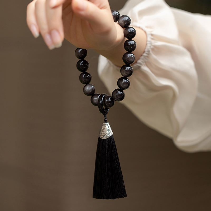 16mm Silver Sheen Obsidian Lion Wrist Mala for Protection & Wisdom
