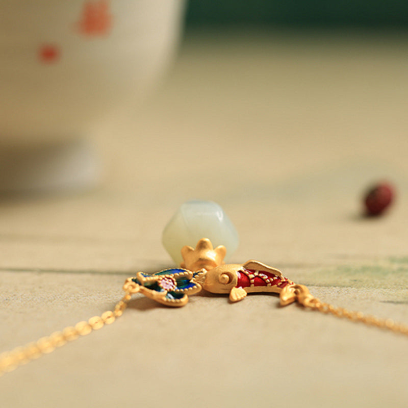 White Jade Koi Fish Lotus Protection Necklace Pendant