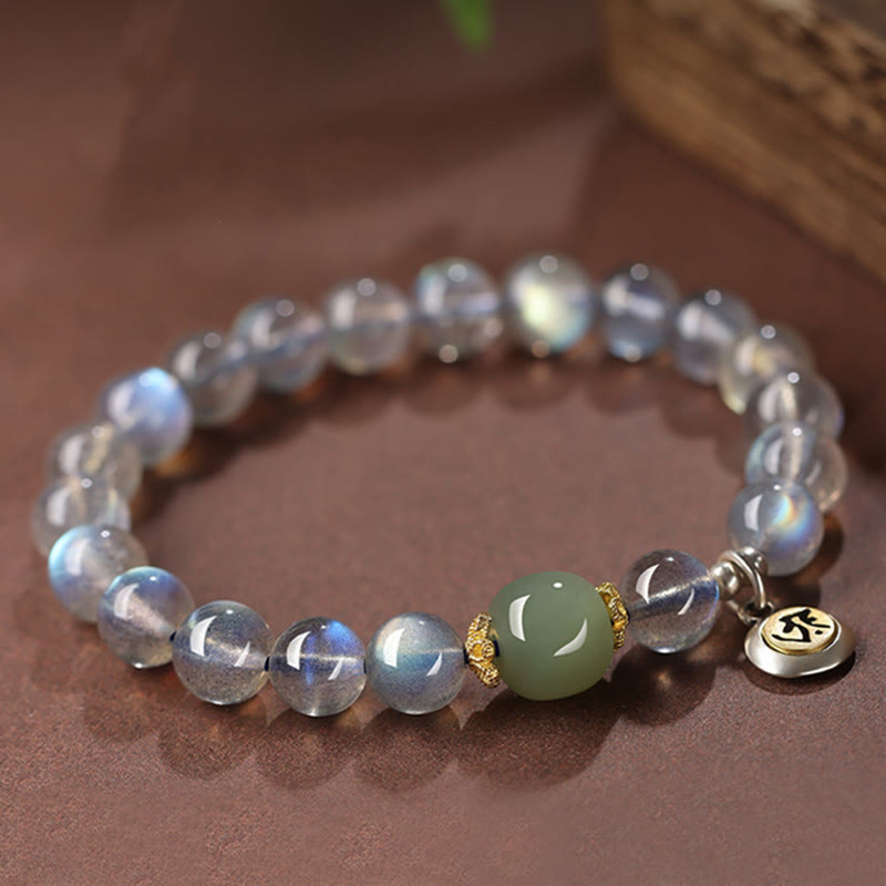 8mm Chinese Zodiac Bracelet with Moonstone and Hetian Jade for Positivity