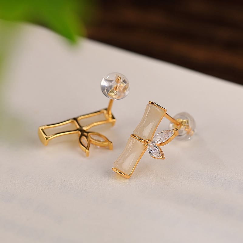 925 Sterling Silver Jade Bamboo Luck Stud Earrings