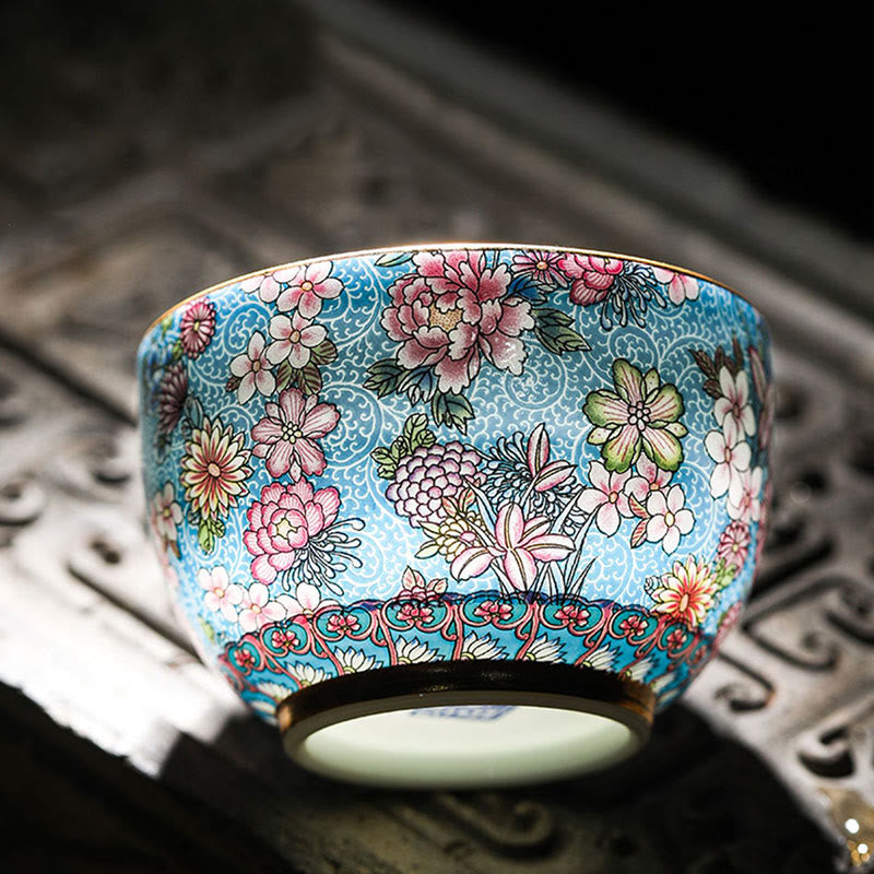 Jingdezhen Porcelain Tea Cup with Colorful Flowers 8cm Zen Decor