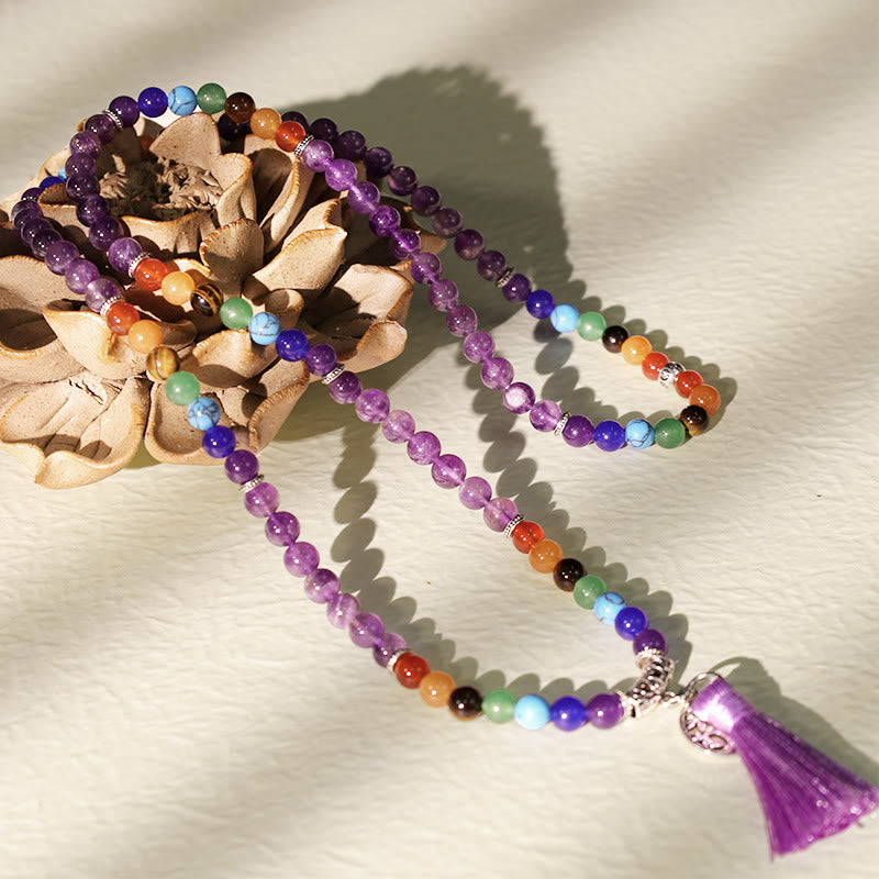 Unisex 108 Bead Mala Necklace with Amethyst & Tiger Eye Healing Beads