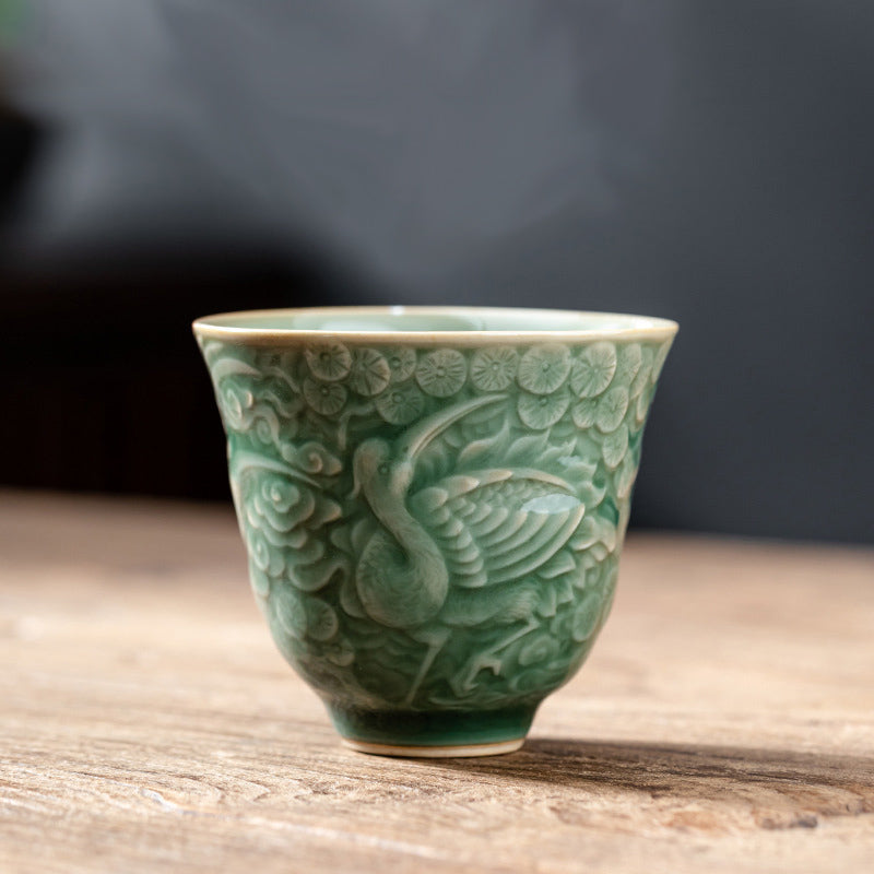 Ceramic Crane Pine Teacup 80ml | Zen Decor Cup