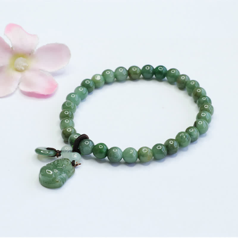 Cyan Jade Buddha Bracelet with Laughing Buddha Charm for Healing