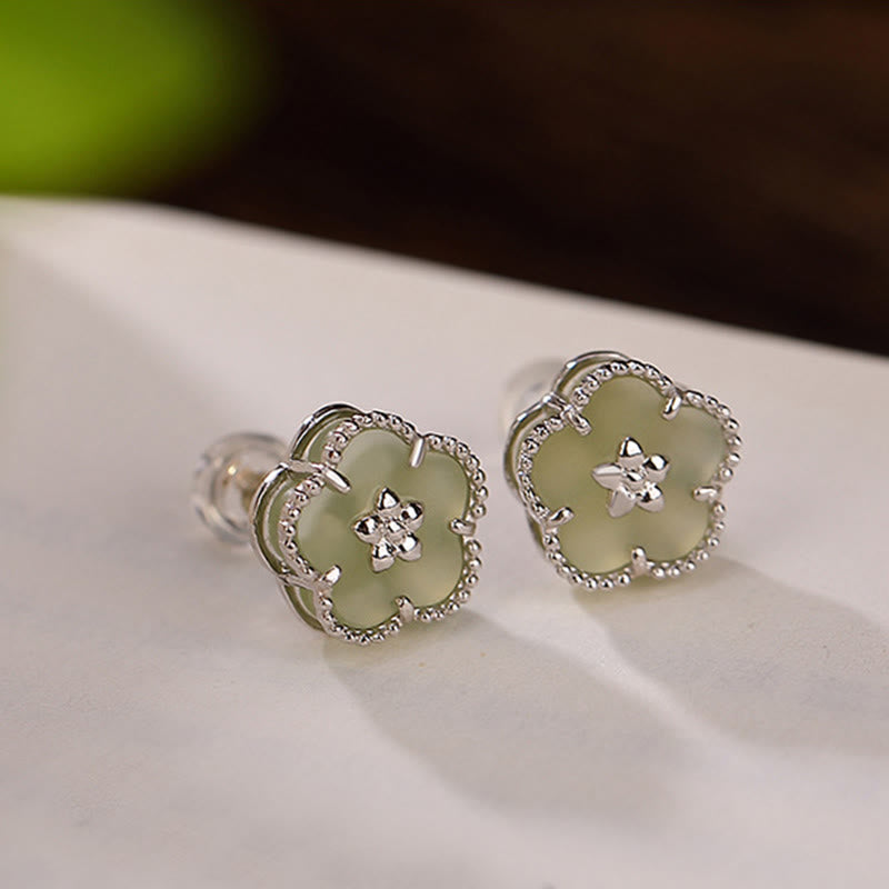 Sterling Silver Hetian Jade Plum Flower Luck Stud Earrings