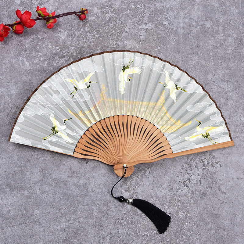 Classic Bamboo Hand Fan | Vintage Cloud Crane Pattern