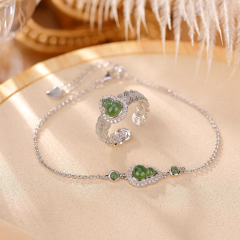 925 Sterling Silver Gold Plated Hetian Jade Gourd Set