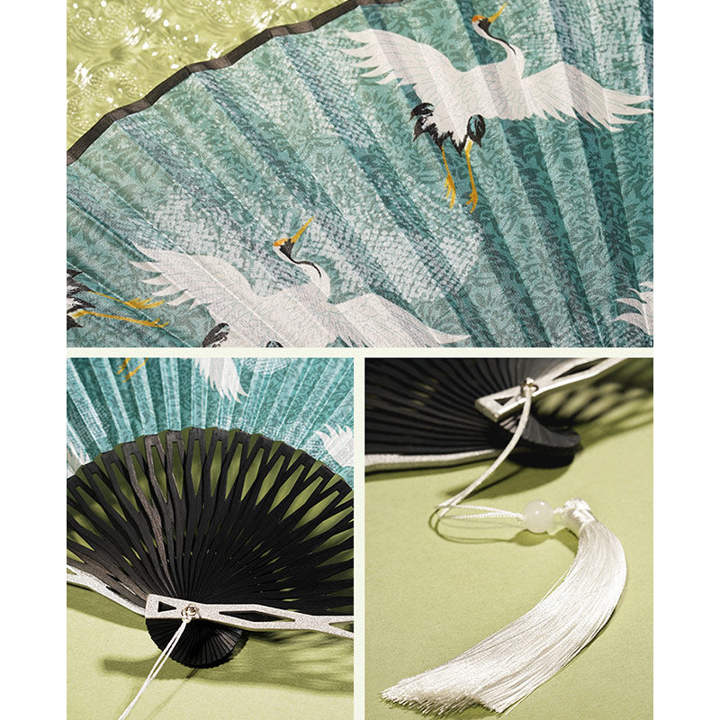 22.5cm Chinese Folding Fan | Blue Crane Silk Bamboo Fan