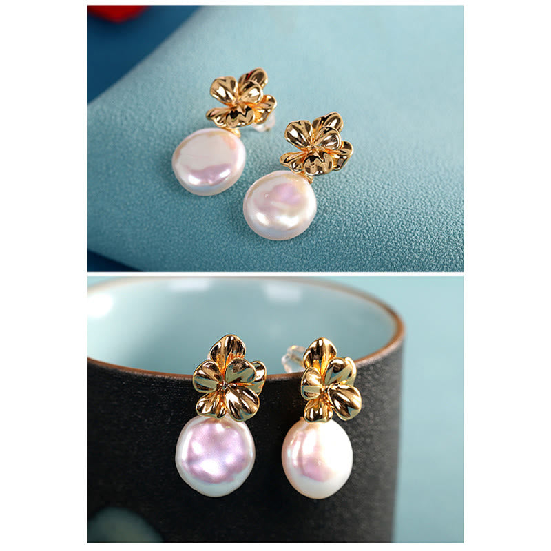 Baroque Pearl Flower Healing Drop Earrings in 925 Sterling Silver
