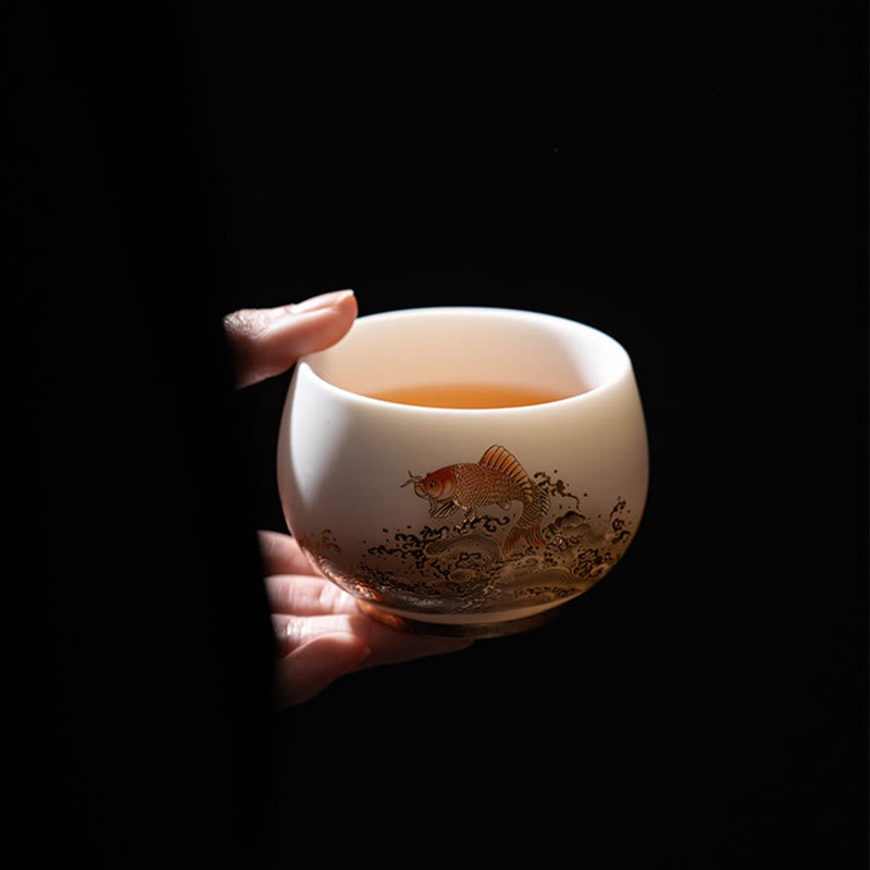 Ceramic Zen Decor Tea Cup | Phoenix Dragon Lotus Motifs