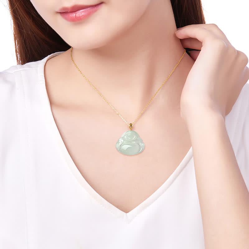 Laughing Buddha Jade Necklace Pendant 18K Gold for Abundance